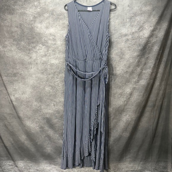 Soma Maxi Dress Size XL Navy White Striped Surplice Wrap Belted Ruffle Nautical - Picture 1 of 14